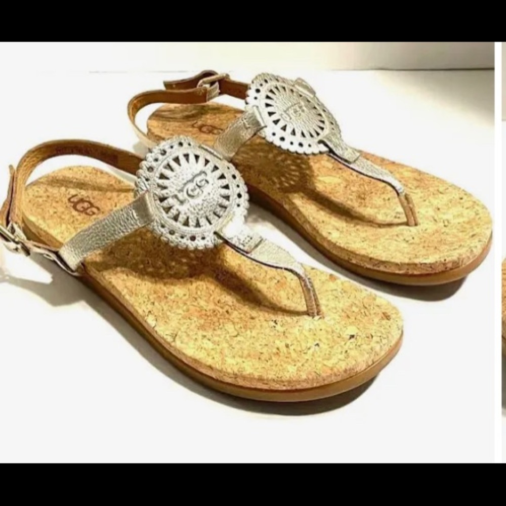 COPY - UGG Ayden II T-Strap Thong Sandal Metallic Gold Leather Size 7.5 Cork Fo…